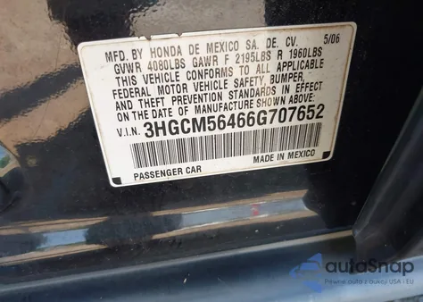 2006 Honda Accord Lx из США, поврежденный, VIN 3HGCM56466G707652